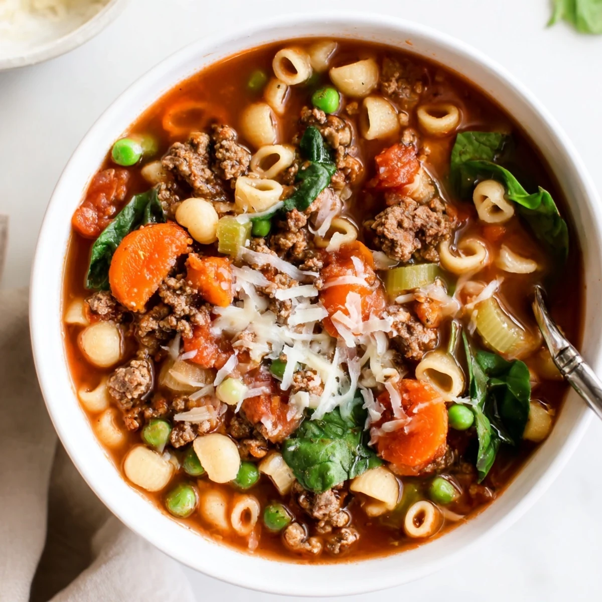 Close-up of spoon lifting pasta from Delicious Homemade Ground Beef Pasta Soup