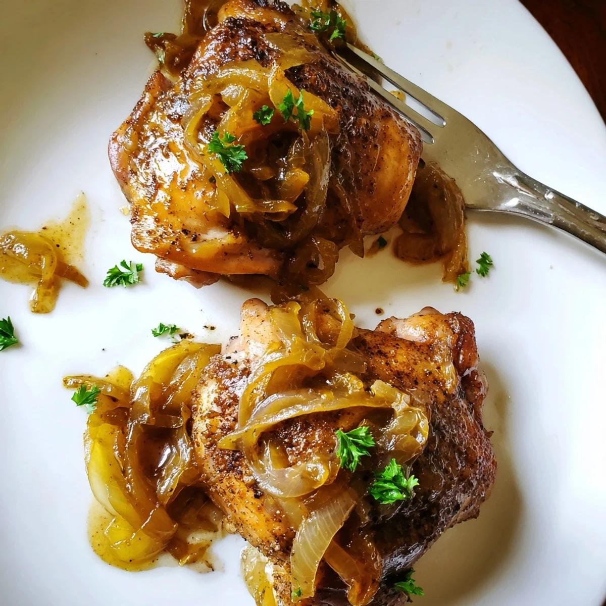Savory Smothered Chicken Thighs glistening in onion rich gravy over mashed potatoes