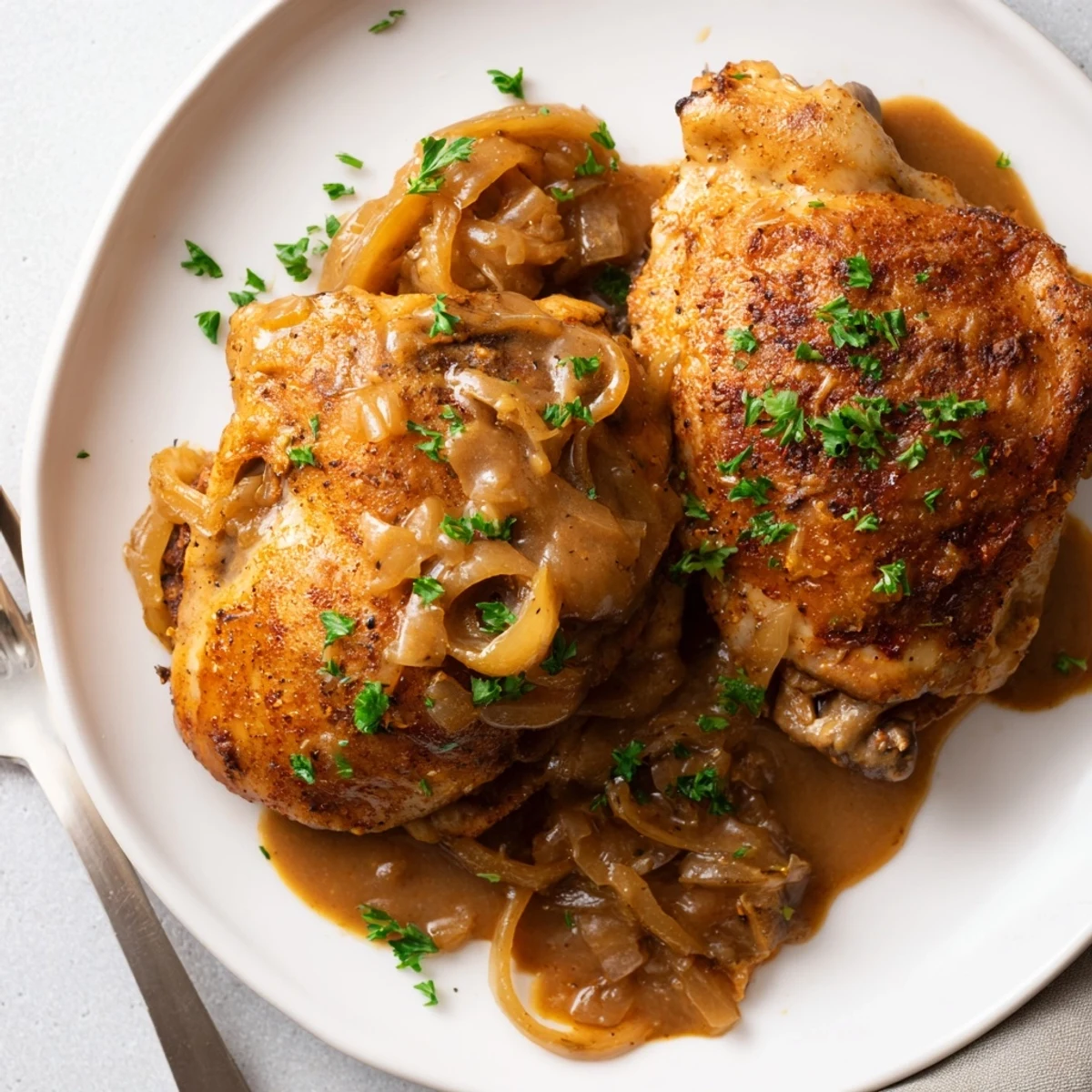 Fork tender Savory Smothered Chicken Thighs bathing in rich aromatic brown gravy