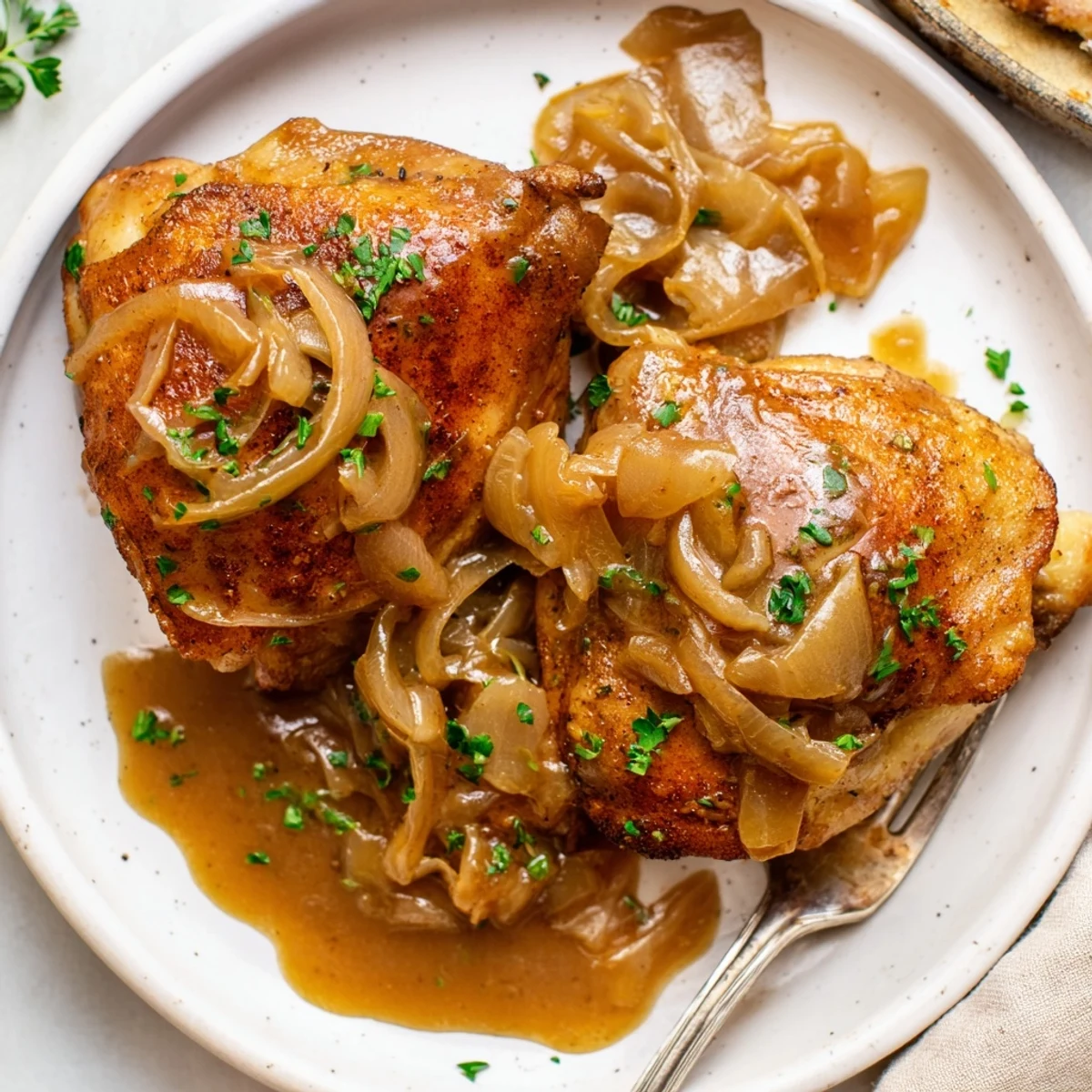 Pan seared Savory Smothered Chicken Thighs topped with caramelized onions and parsley