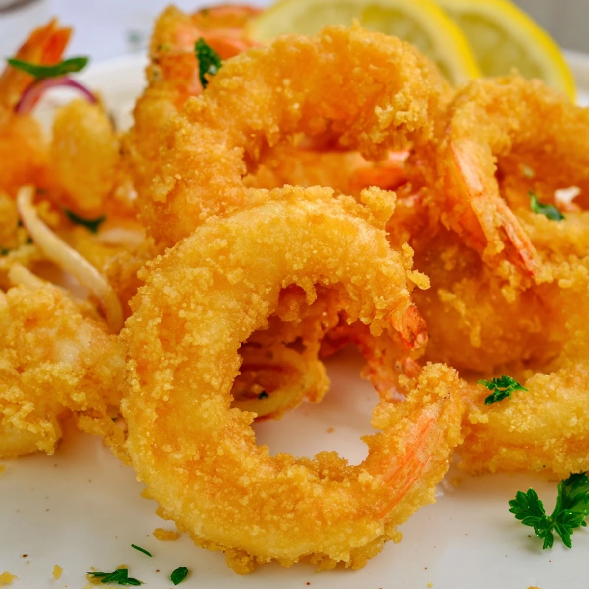 Close-up shows Crispy Shrimp Fritto Misto, crunchy batter and parsley