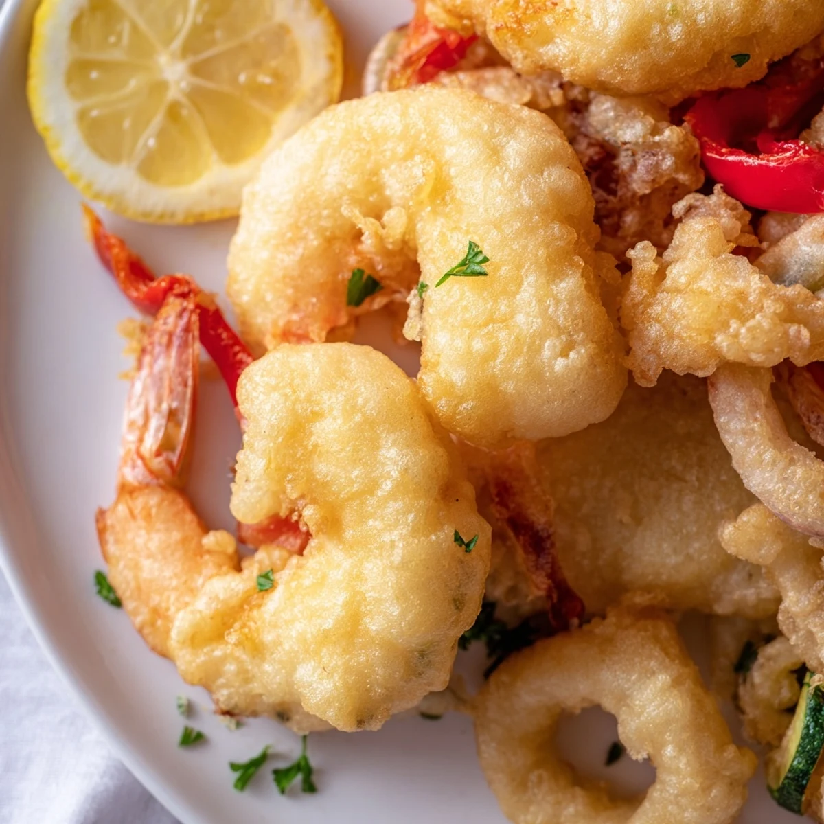 Golden, steaming platter of Crispy Shrimp Fritto Misto with lemon wedges