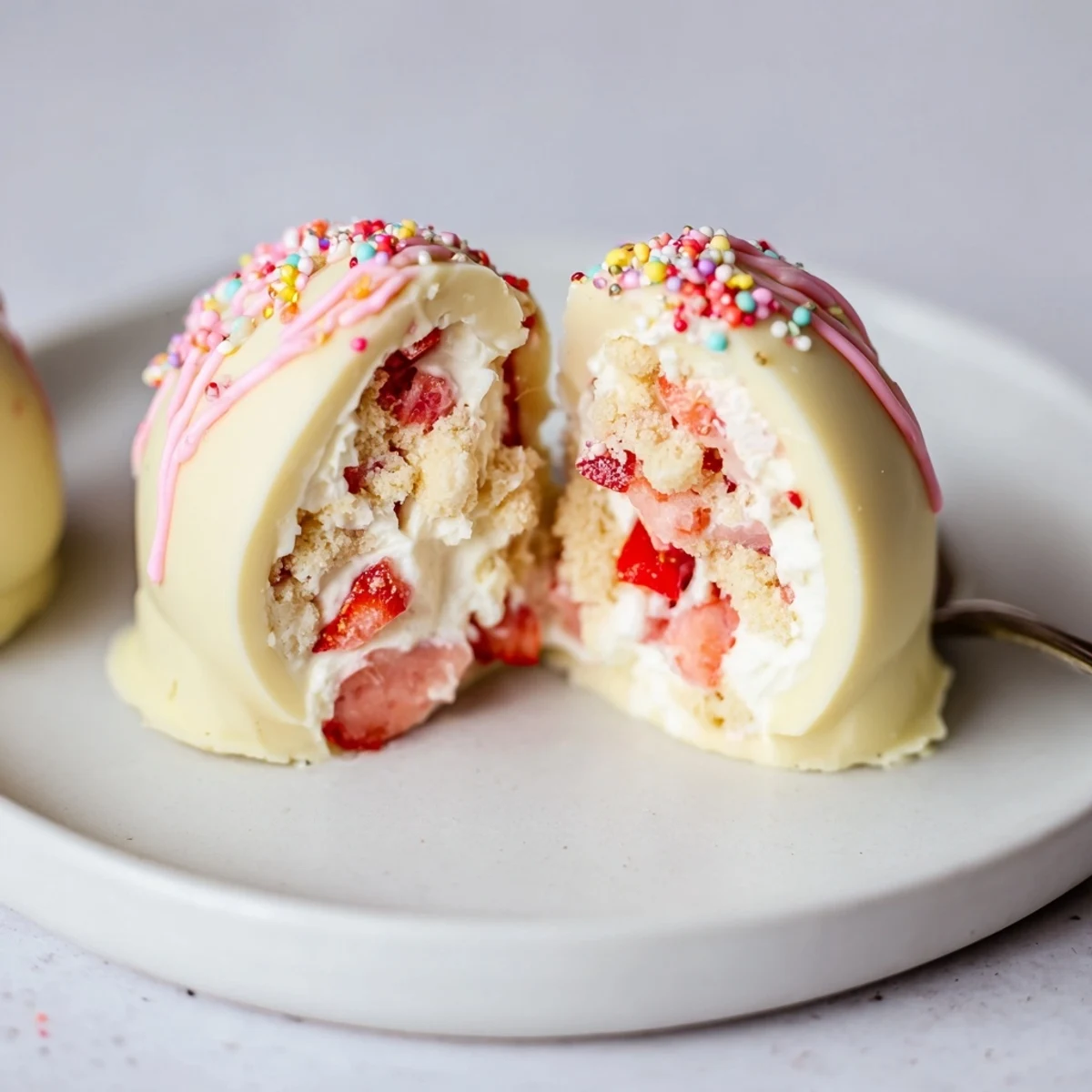 Strawberry Shortcake Easter Egg Bombs with whipped cream oozing from chocolate shell