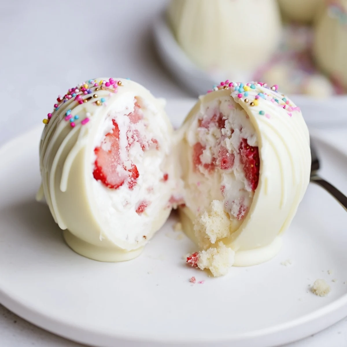 Handheld Strawberry Shortcake Easter Egg Bombs dusted with crushed biscuits, juicy strawberries
