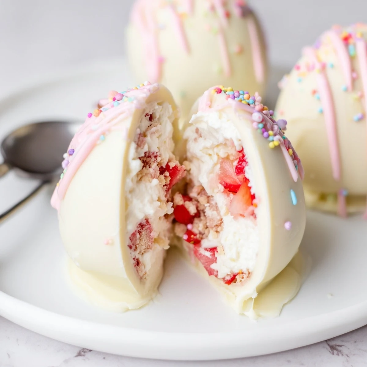 Mini dessert plate featuring Strawberry Shortcake Easter Egg Bombs with chilled rosé