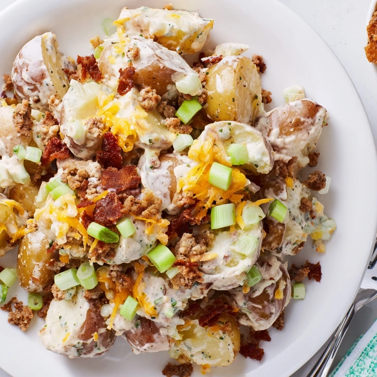 Warm Beef Bacon Loaded Potato Salad with sharp cheddar, scallions, parsley garnish
