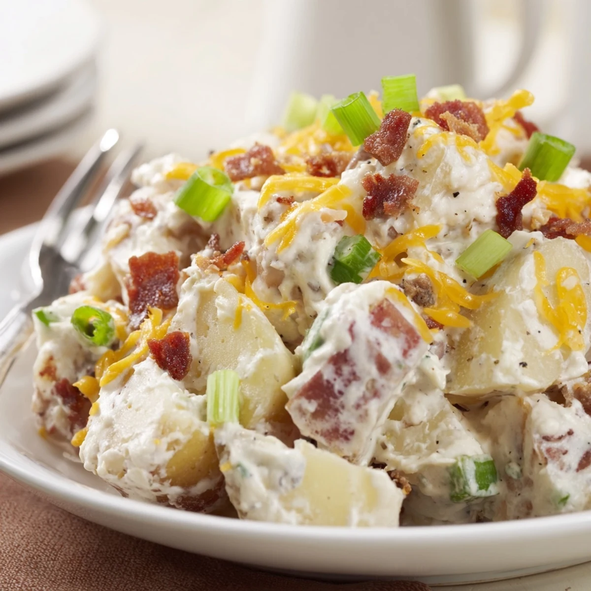 Creamy Beef Bacon Loaded Potato Salad served chilled or warm, crowd-pleasing side