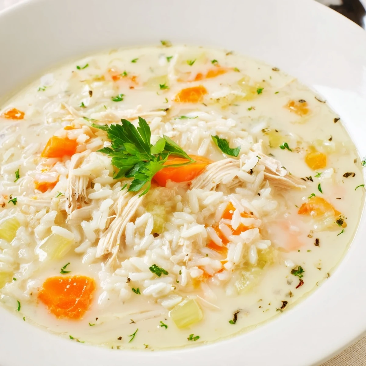 Creamy Chicken Rice Soup steaming in a bowl, tender chicken and herbs  