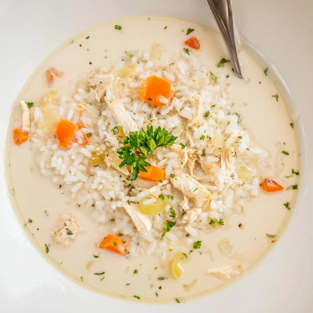 Creamy Chicken Rice Soup ladled into bowl, velvety broth, carrots visible  
