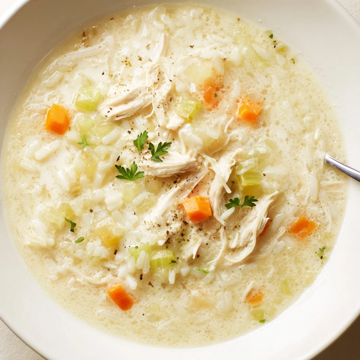 Warm Creamy Chicken Rice Soup garnished with parsley, served with crusty bread