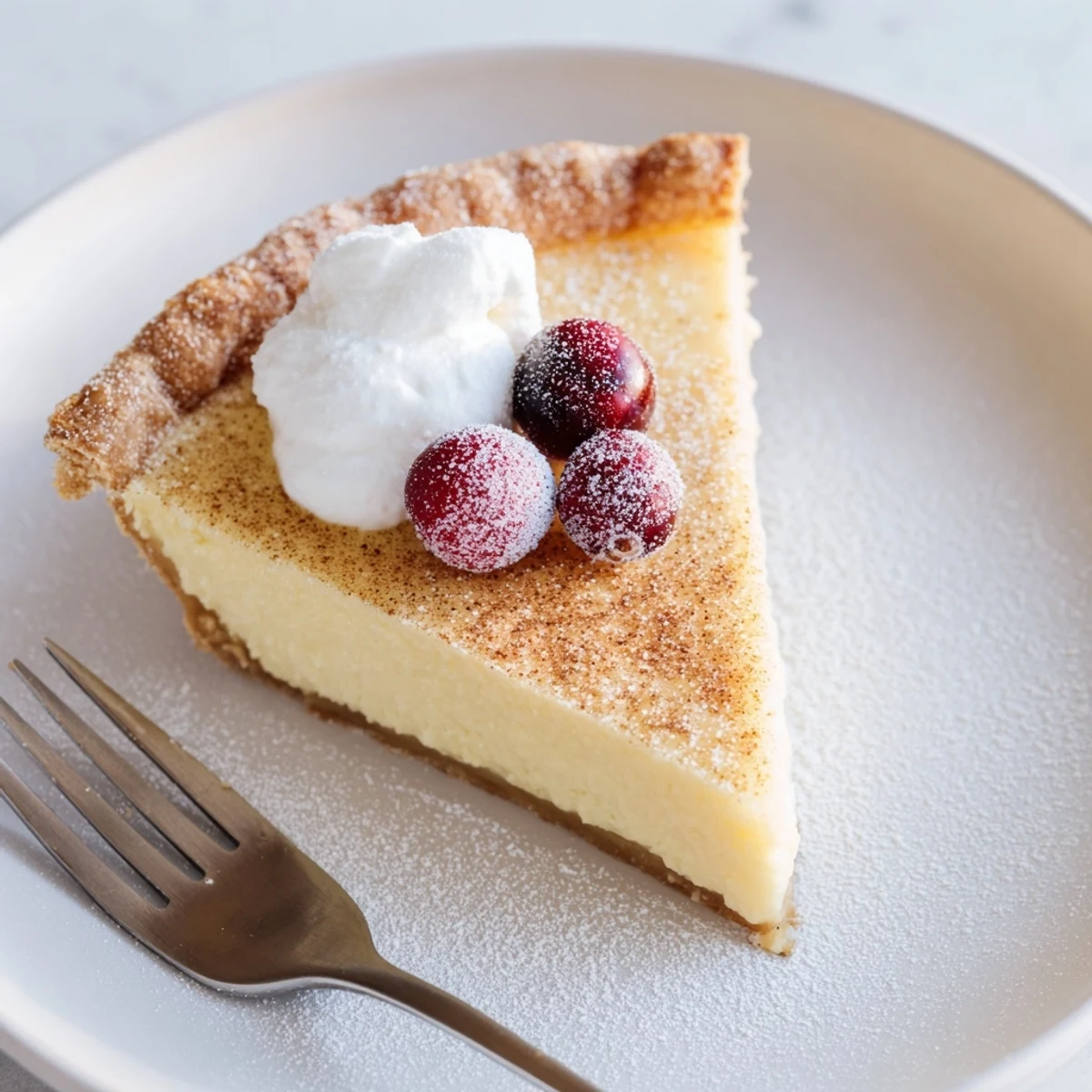 Silky golden Christmas Eve Custard Pie With Cinnamon Vanilla, warm spice aroma.
