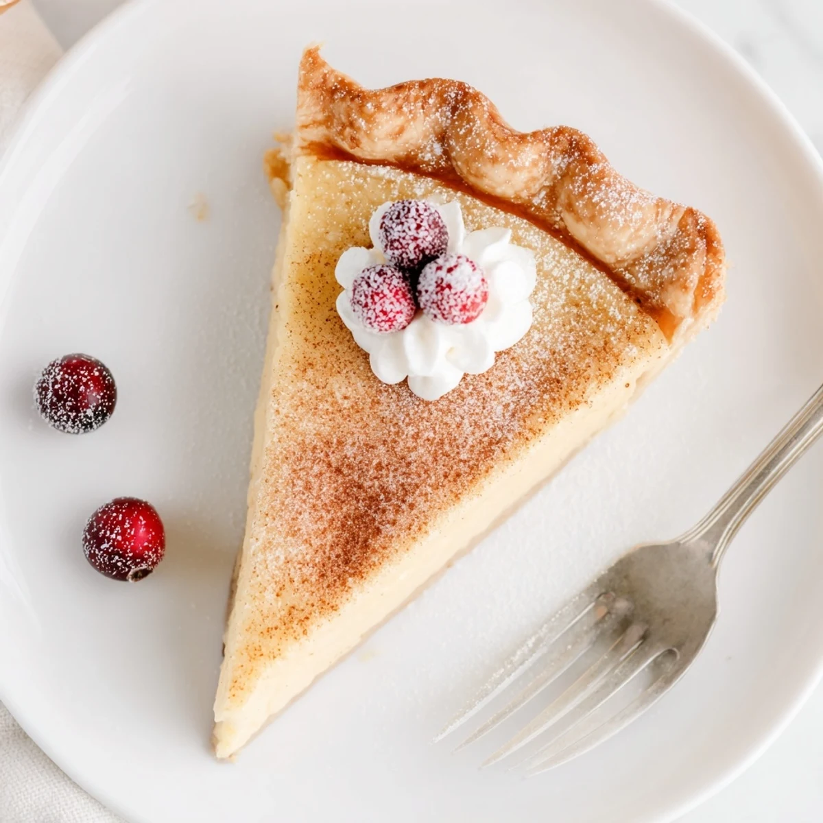 A slice of Christmas Eve Custard Pie With Cinnamon Vanilla showing slightly wobbly center.