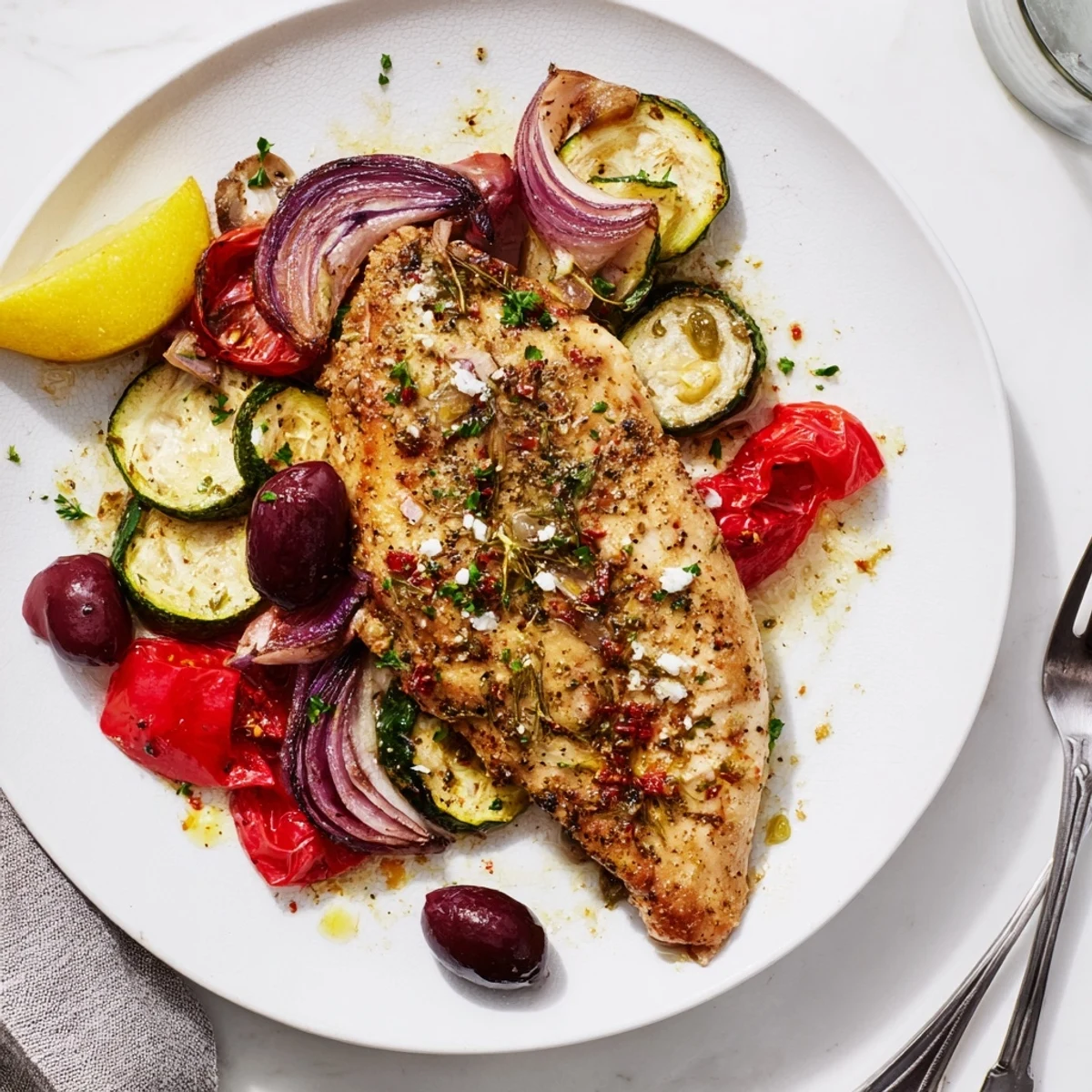 Sheet Pan Mediterranean Chicken Zucchini roasting with golden slices, blistered tomatoes, and olives