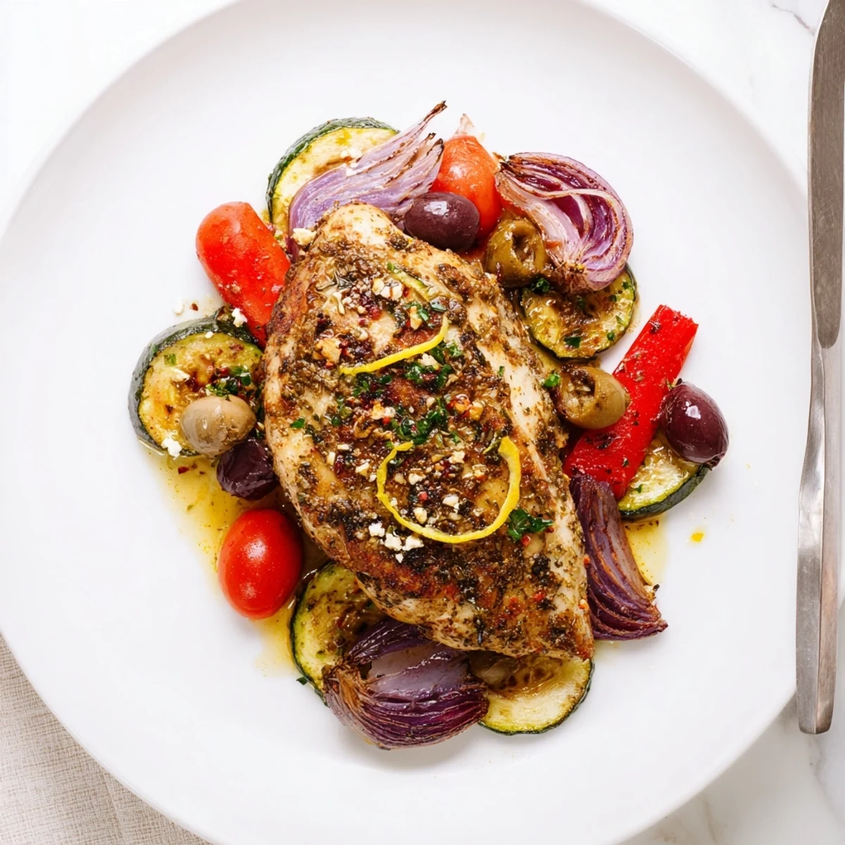 Warm Sheet Pan Mediterranean Chicken Zucchini served with melted feta and lemony juices