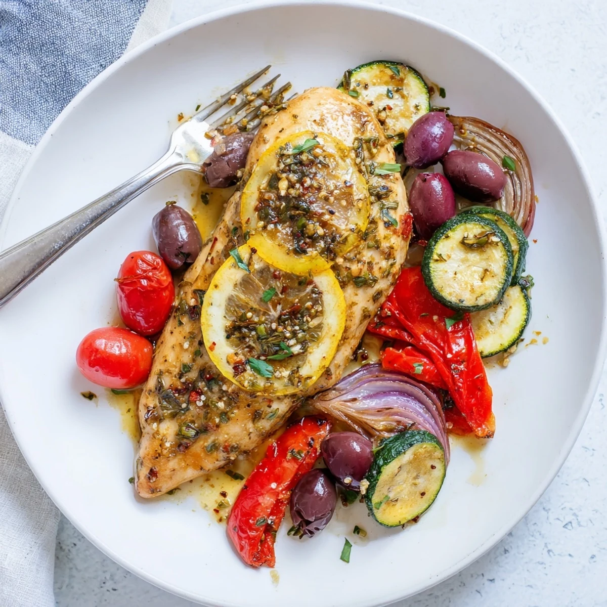 Juicy Sheet Pan Mediterranean Chicken Zucchini nestled among thyme scented peppers, onions, and herbs