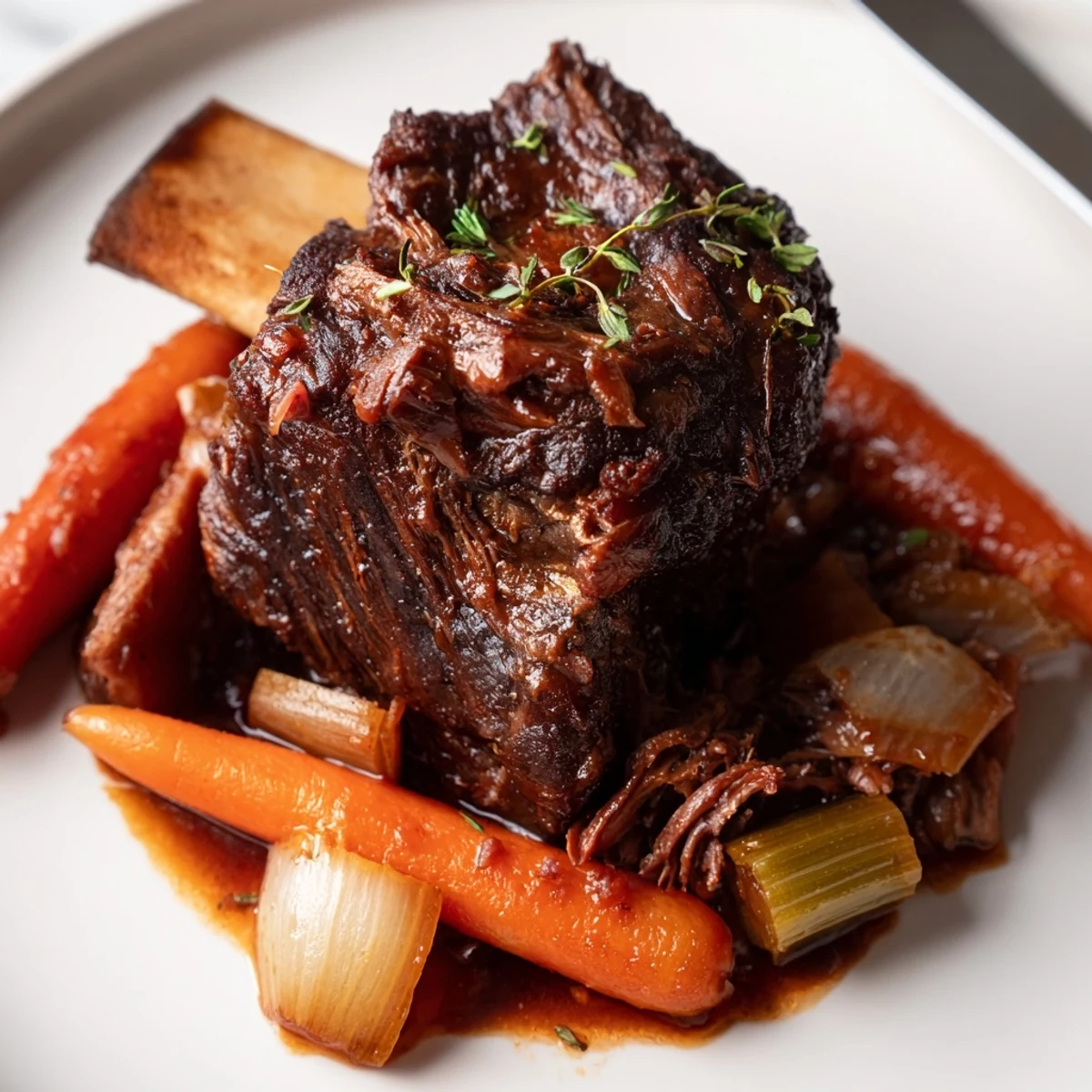 Slow Cooker Beef Short Ribs glistening in rich sauce with soft vegetables