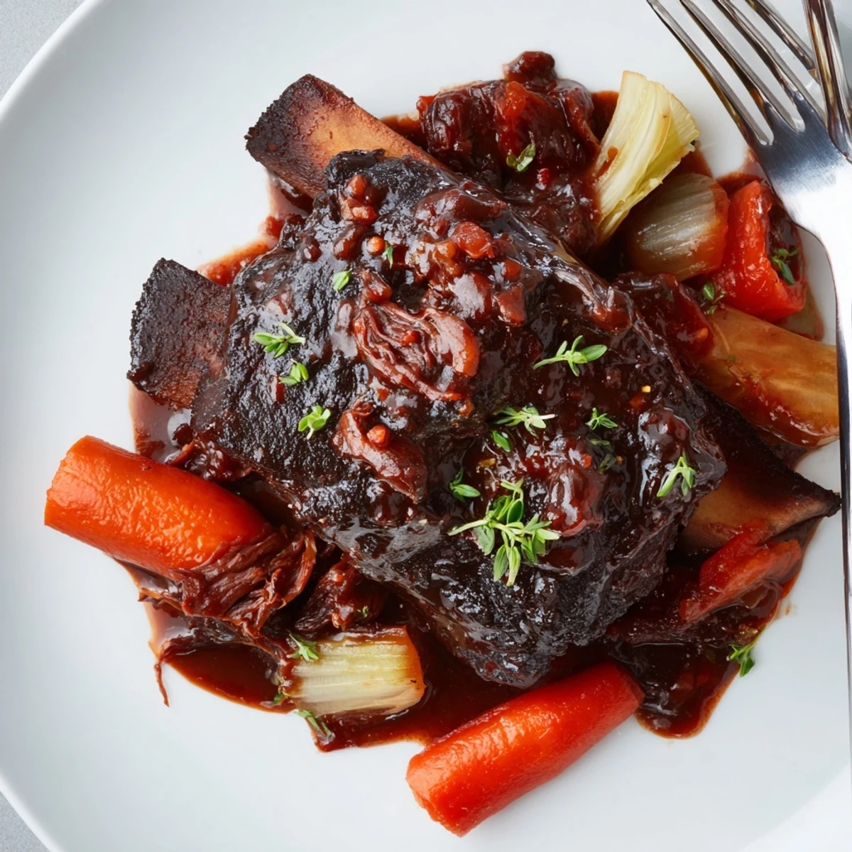 Homey Slow Cooker Beef Short Ribs nestled among carrots, onions, and herbs