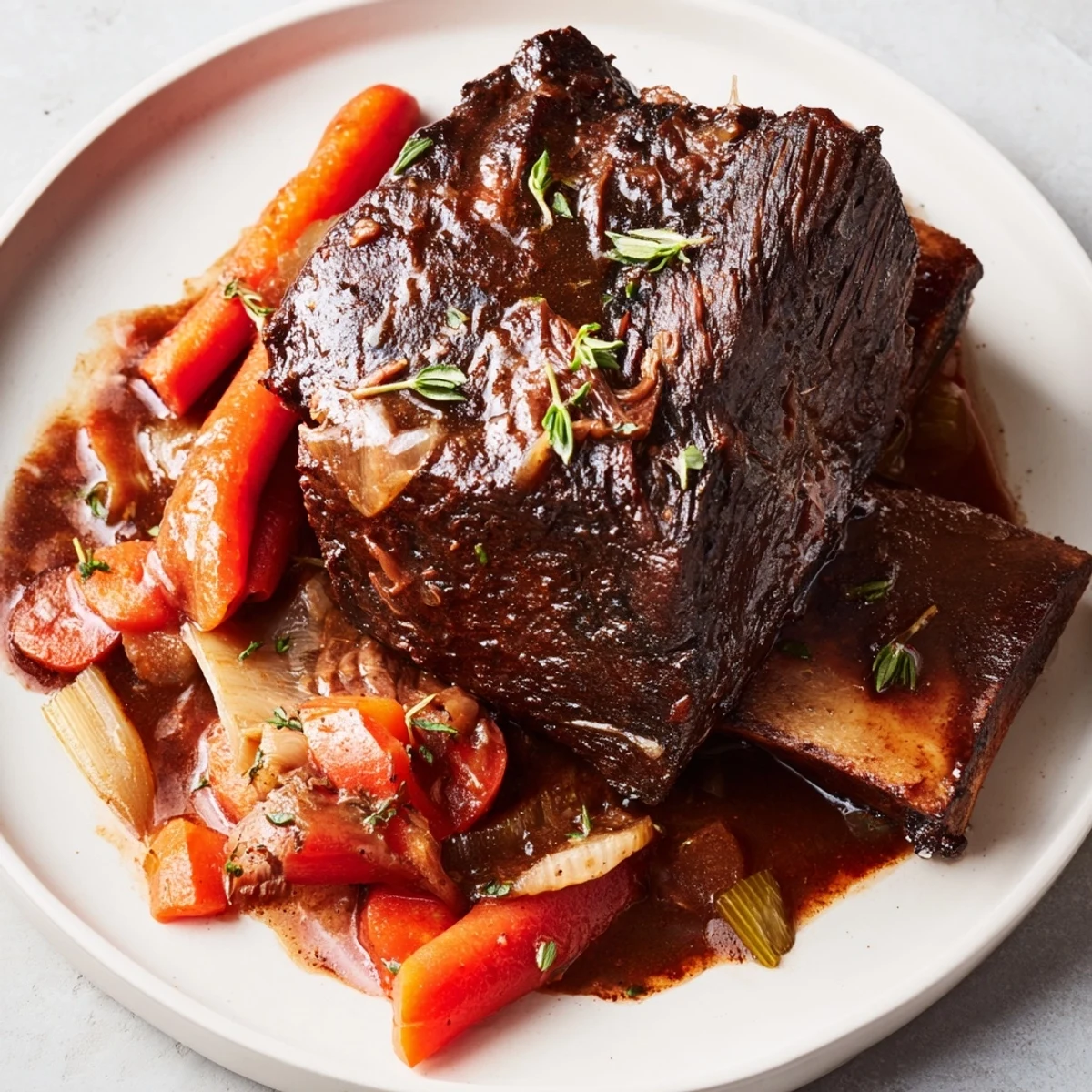 Steaming Slow Cooker Beef Short Ribs falling off the bone, served with mashed potatoes