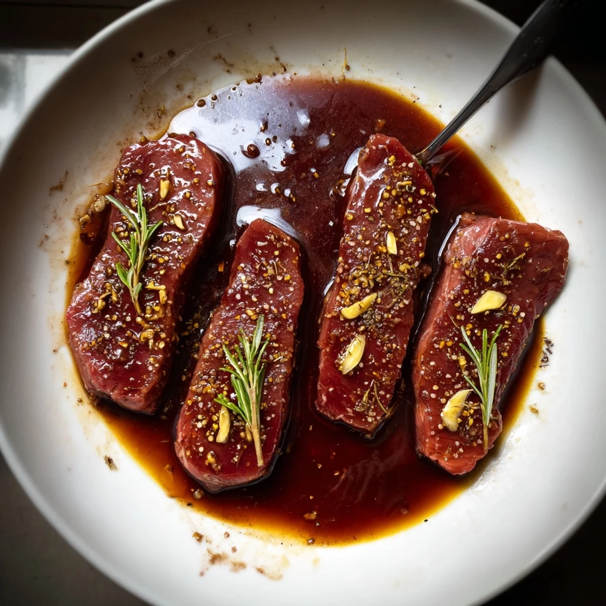 Carving board shows steaks after marination in Steak Marinade, rosemary scent