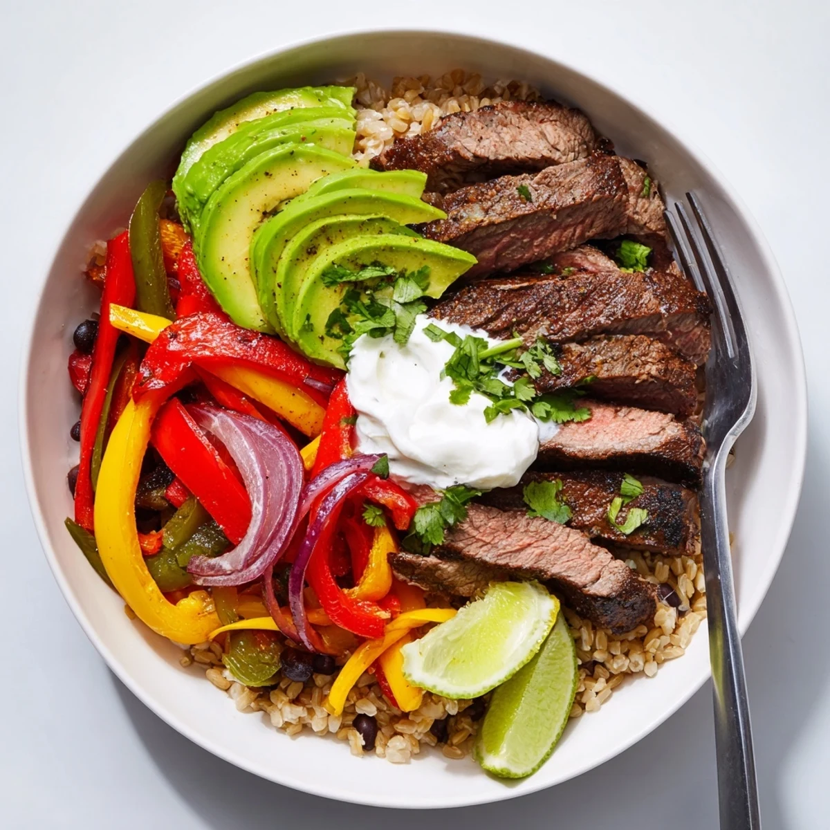 Bright Steak Fajita Power Bowls layered over warm brown rice and black beans