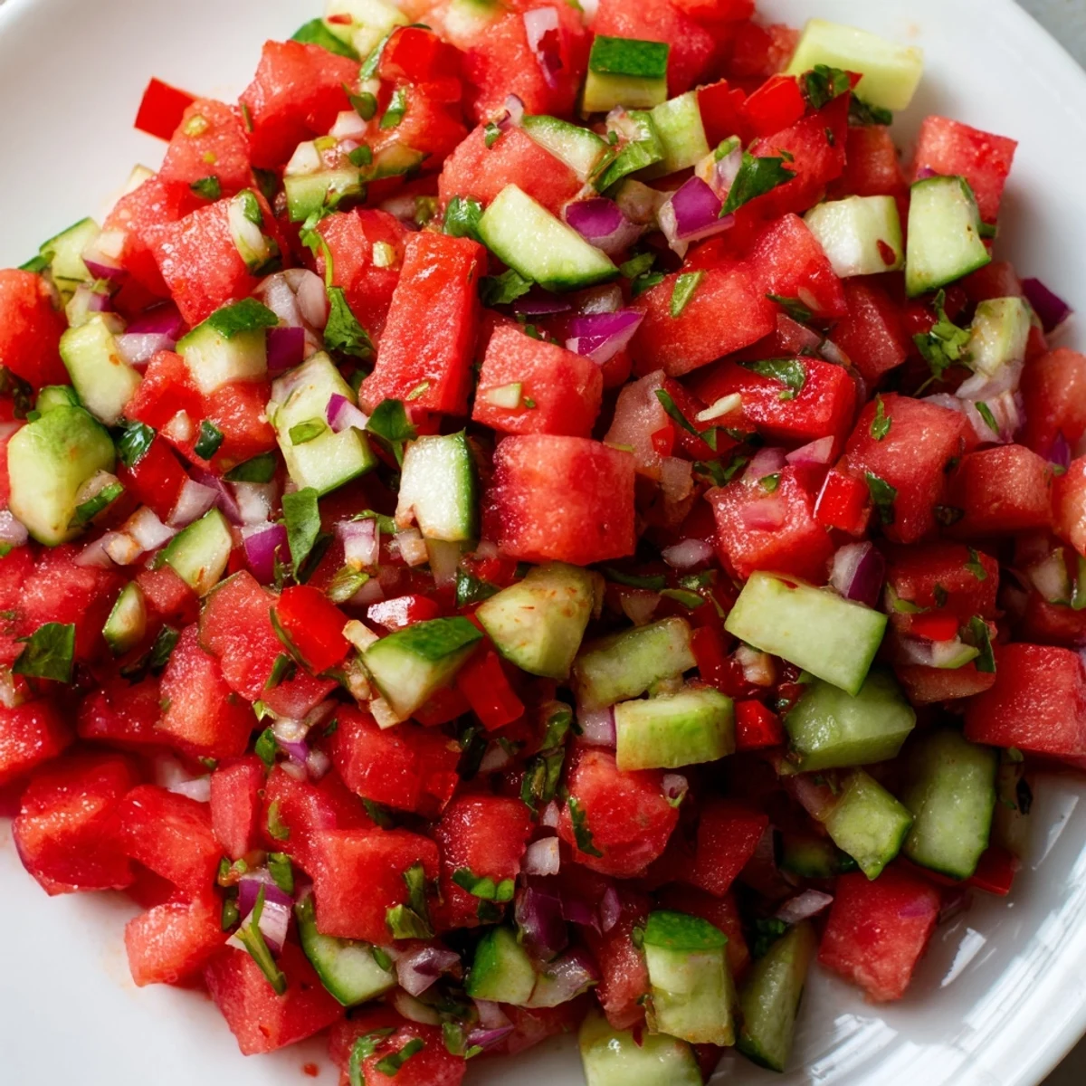 Fresh watermelon salsa with crisp cinnamon-sugar tortilla chips on a white serving platter