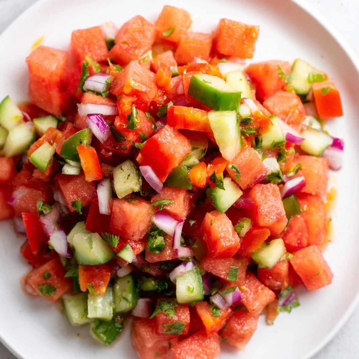 Colorful bowl of watermelon salsa featuring diced cucumber, bell pepper, and cilantro alongside warm cinnamon chips