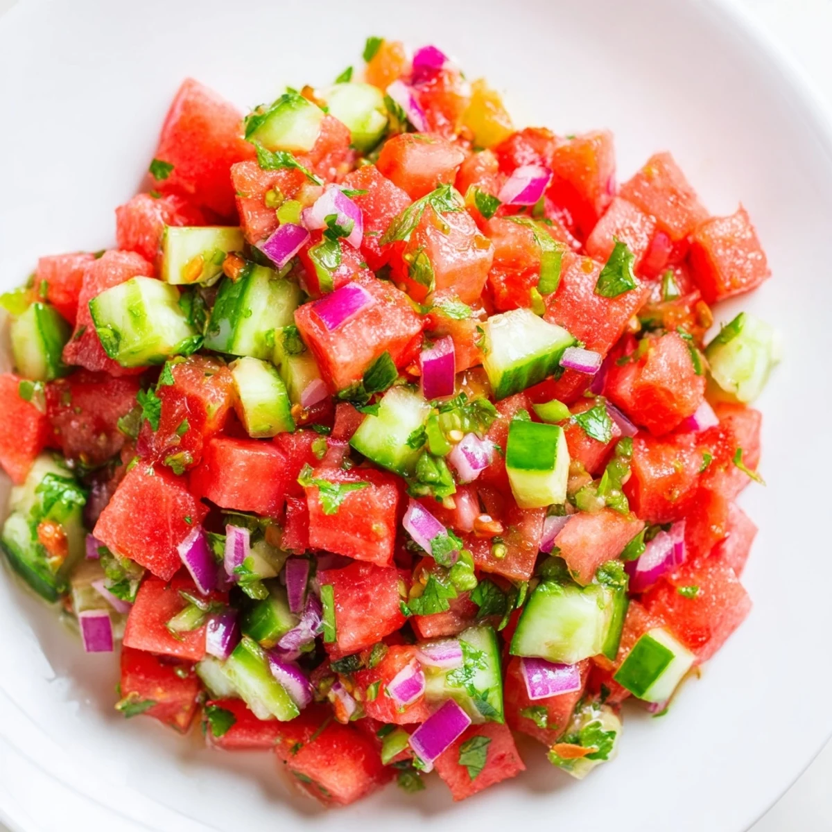 Close-up of juicy watermelon chunks in zesty salsa served with golden baked cinnamon tortilla chips
