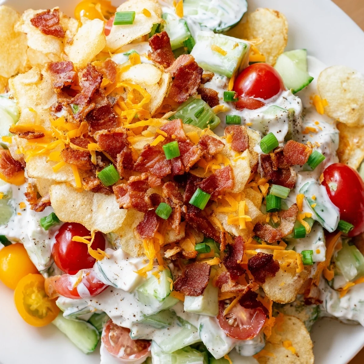 Cucumber Ranch Crack Salad featuring crisp diced cucumbers tossed in creamy ranch dressing with crispy bacon bits and shredded cheddar cheese