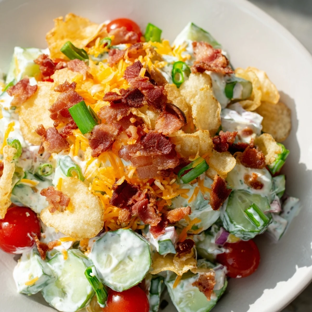 Homemade Cucumber Ranch Crack Salad bowl loaded with bacon, cheddar, and tangy ranch-coated cucumbers perfect for easy gluten-free entertaining