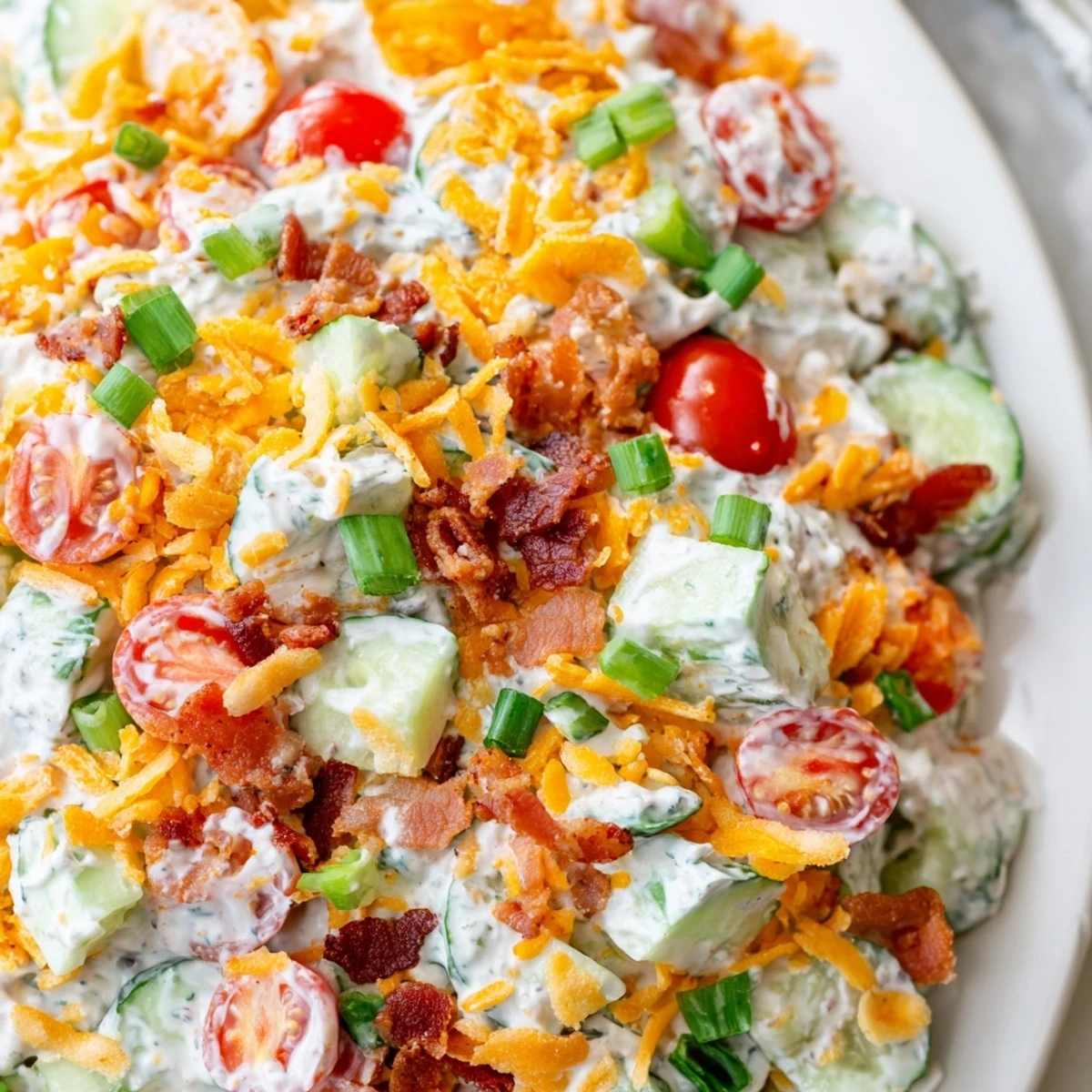Creamy Cucumber Ranch Crack Salad topped with crushed potato chips and fresh cherry tomatoes for a crunchy summer potluck side dish