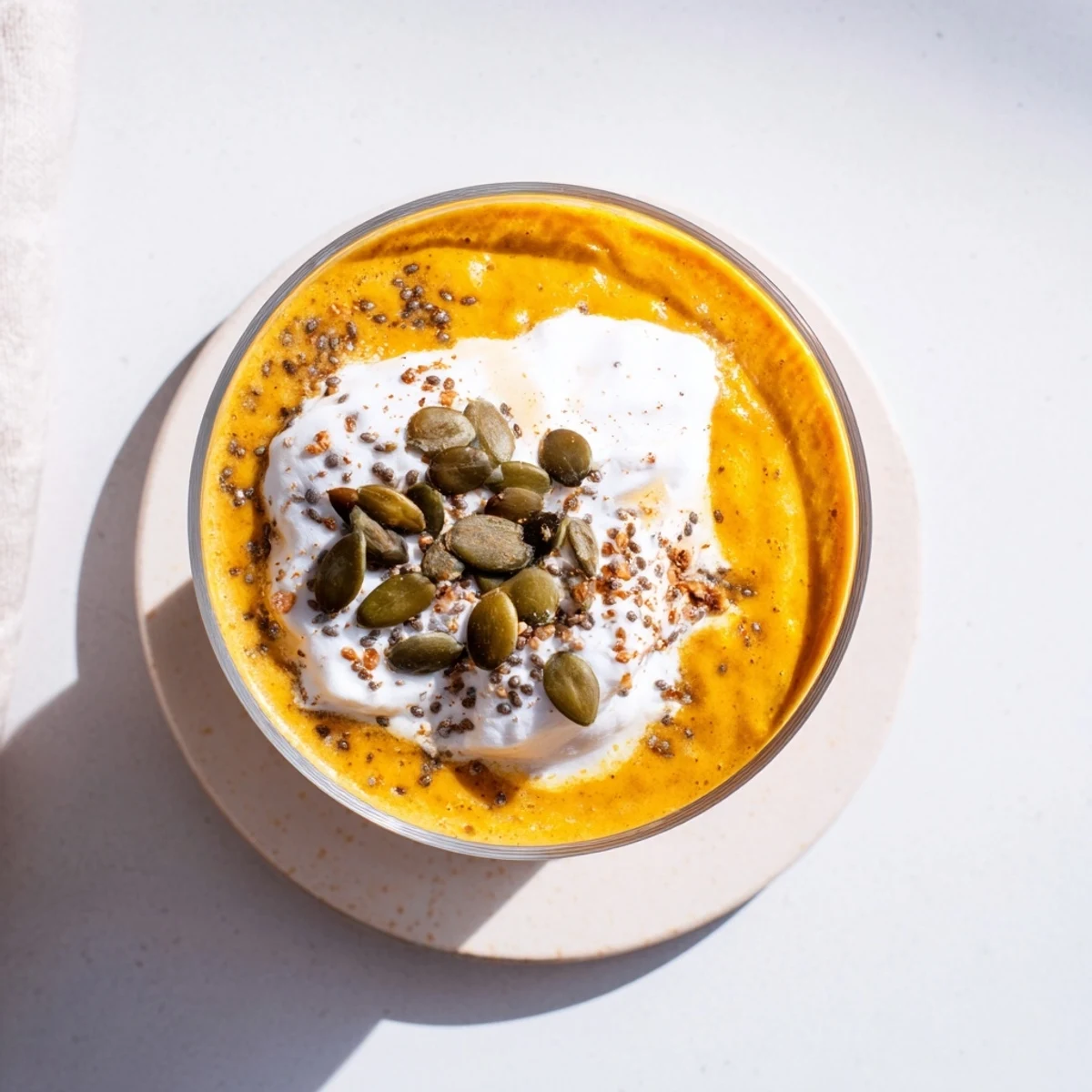 Golden pumpkin chia refreshment topped with whipped cream and toasted pumpkin seeds in a clear glass