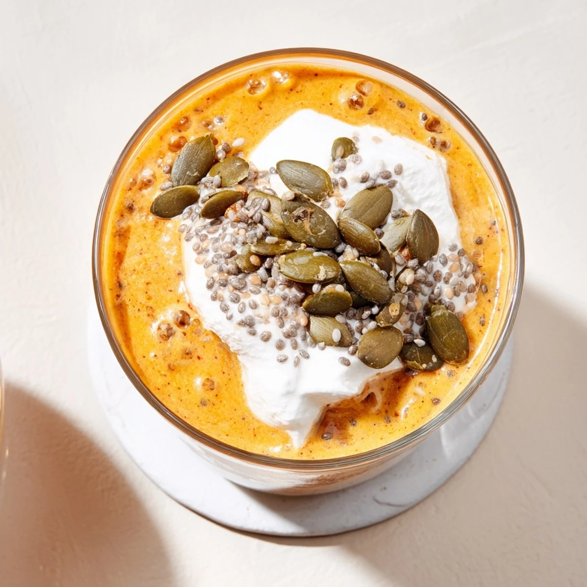 Silky pumpkin chia beverage layered with whipped cream and crunchy seeds perfect for seasonal sipping