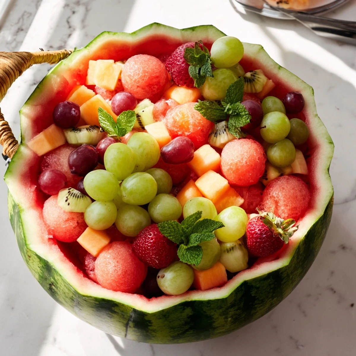 Colorful fruit salad overflowing from a carved watermelon basket with fresh mint garnish