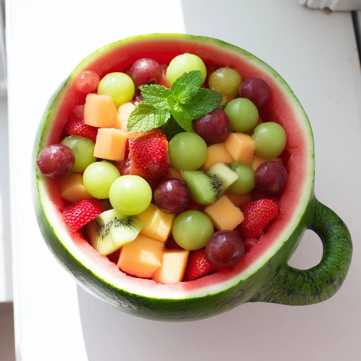 Summer watermelon basket filled with mixed melon balls, berries, and citrus honey dressing