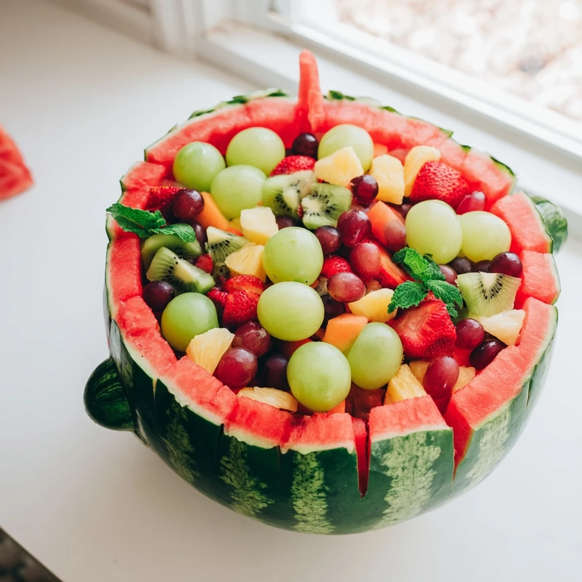 Refreshing watermelon basket displaying vibrant layers of pineapple, kiwi, strawberries, and grapes
