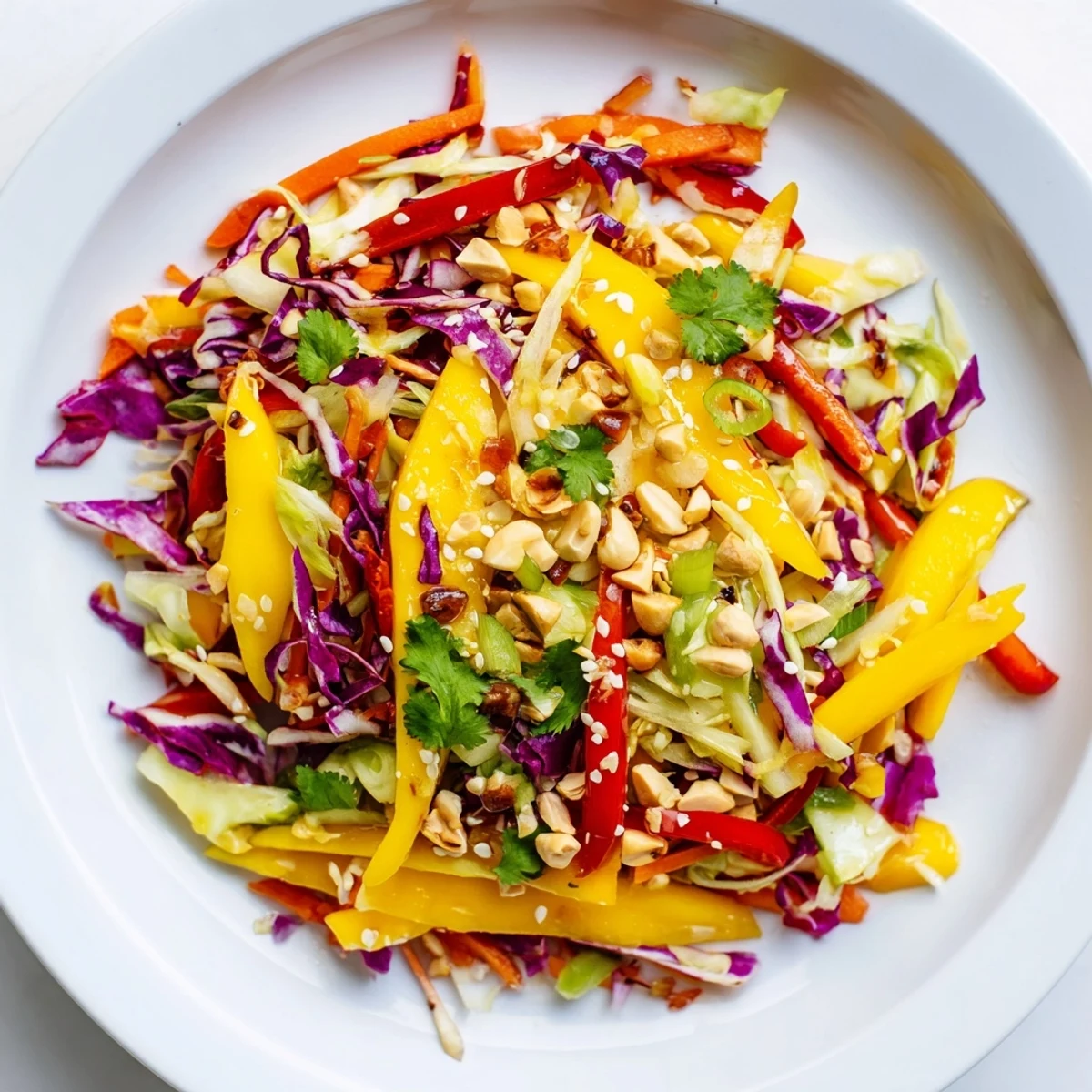 Vibrant refreshing mango slaw featuring crisp red cabbage, carrots, and zesty lime dressing