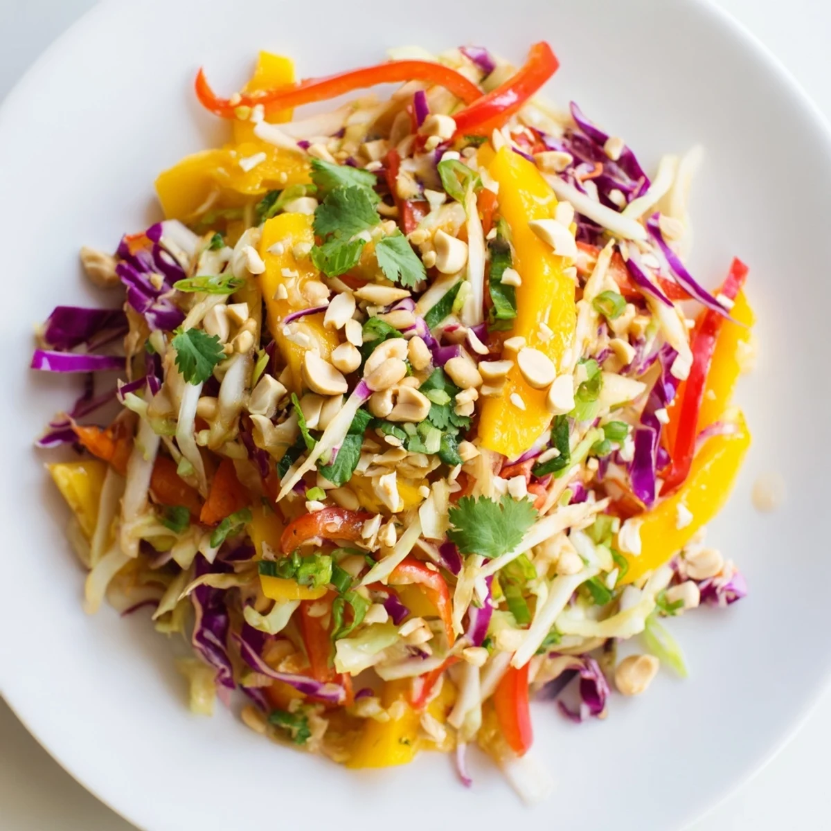 Colorful bowl of refreshing mango slaw topped with sesame seeds and fresh cilantro