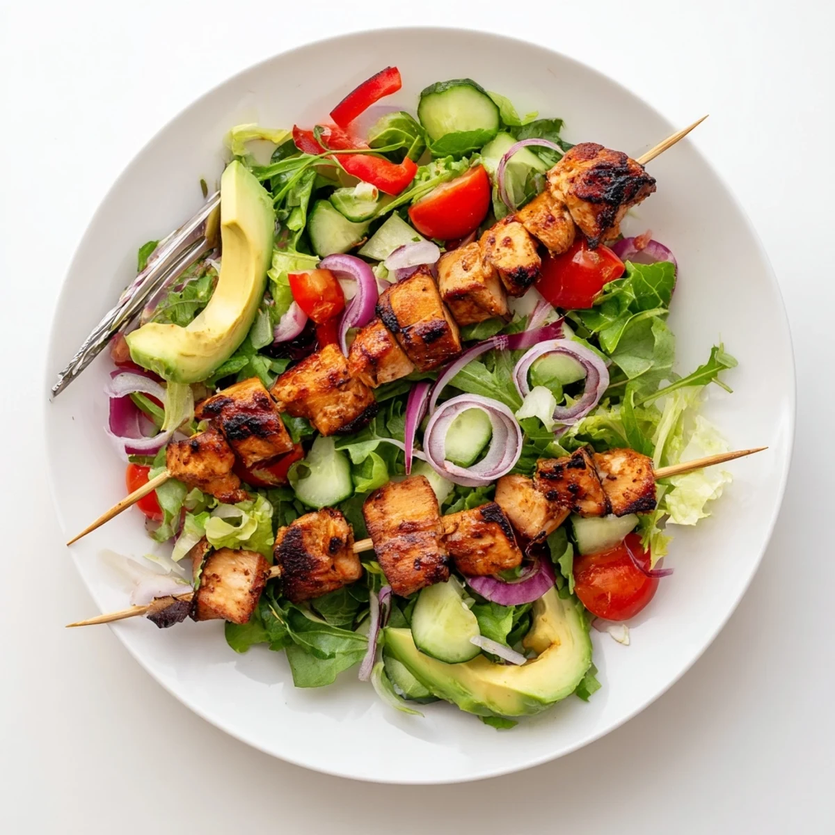 Fresh BBQ chicken skewer salad featuring grilled chicken atop crisp mixed greens with colorful vegetables
