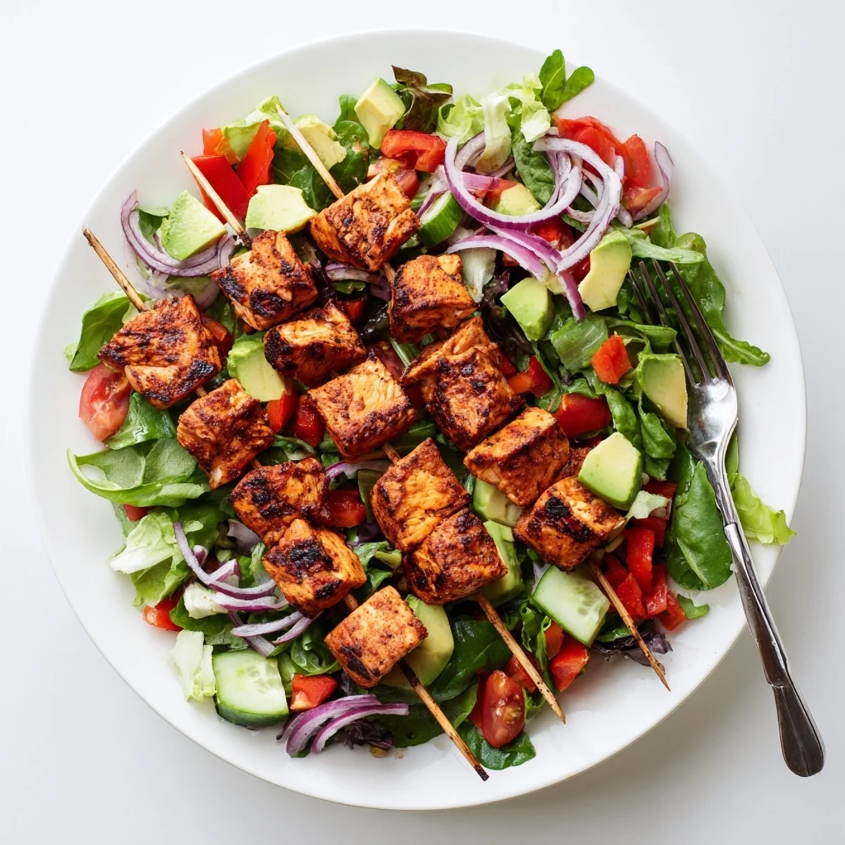 BBQ chicken skewer salad recipe showcasing charred chicken pieces over crunchy vegetables and tangy lemon dressing