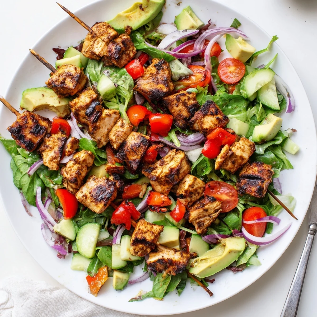 Vibrant bowl of BBQ chicken skewer salad with smoky grilled chicken and ripe avocado slices