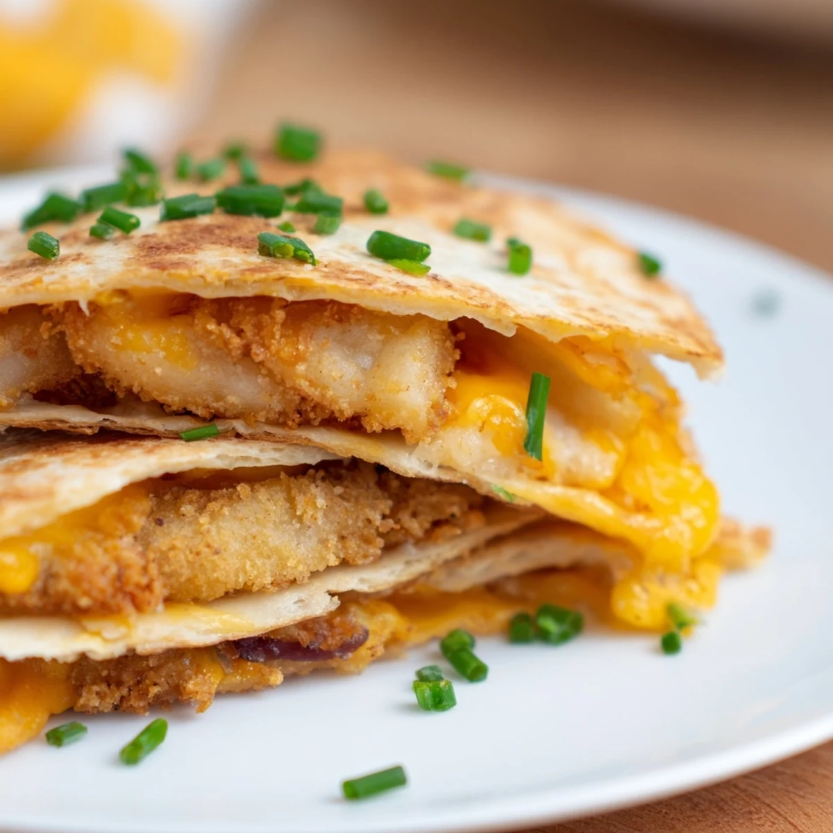 Golden onion ring chips quesadillas with melted cheddar and mozzarella cheese