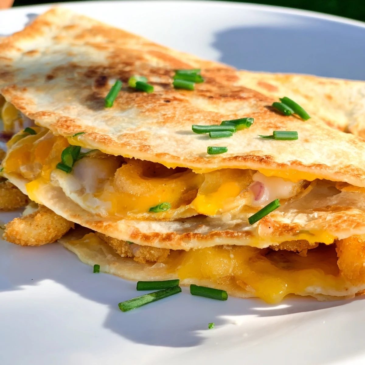 Crispy fried onion rings folded inside warm tortillas with gooey cheese