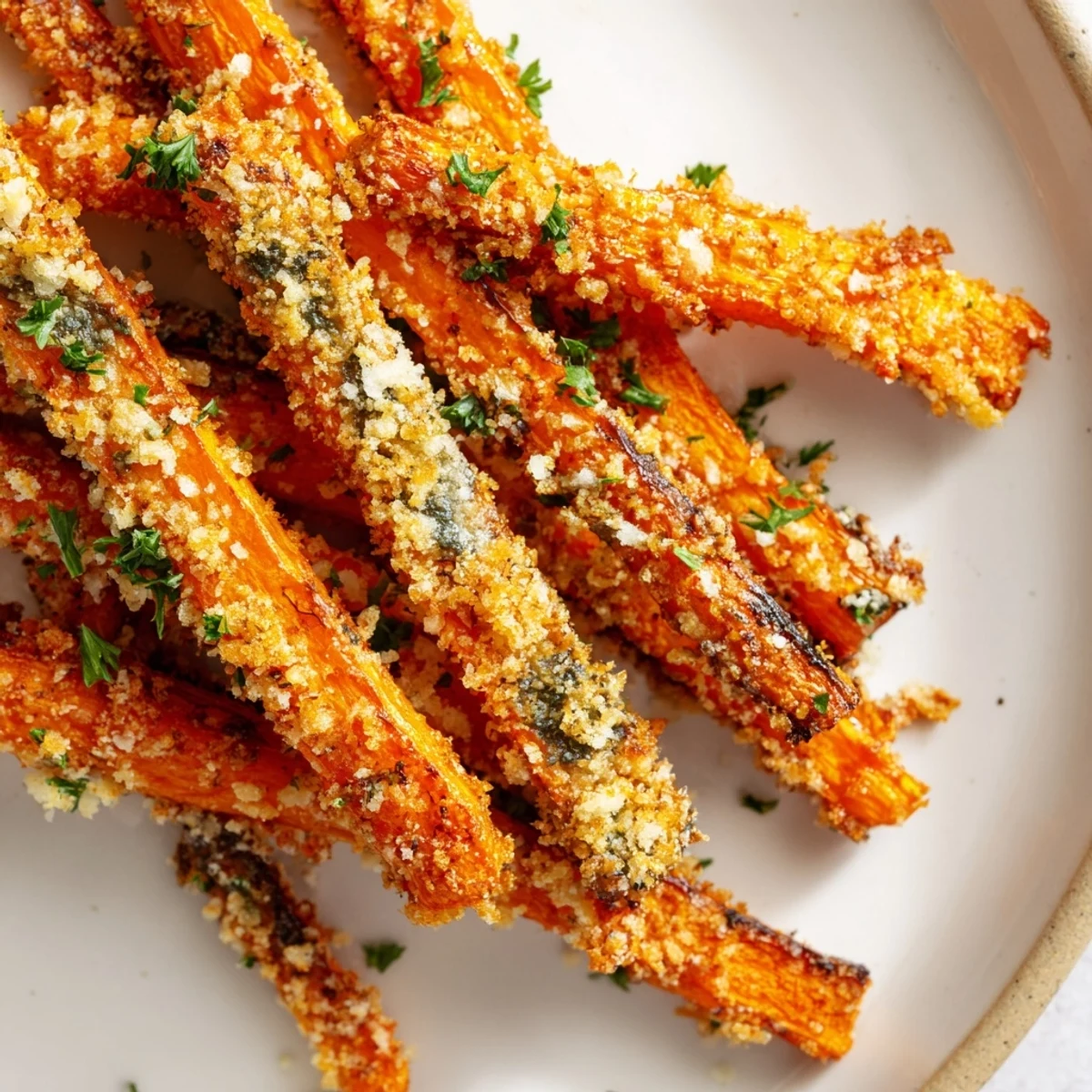 Golden roasted parmesan carrots with crispy breadcrumb coating on white baking sheet