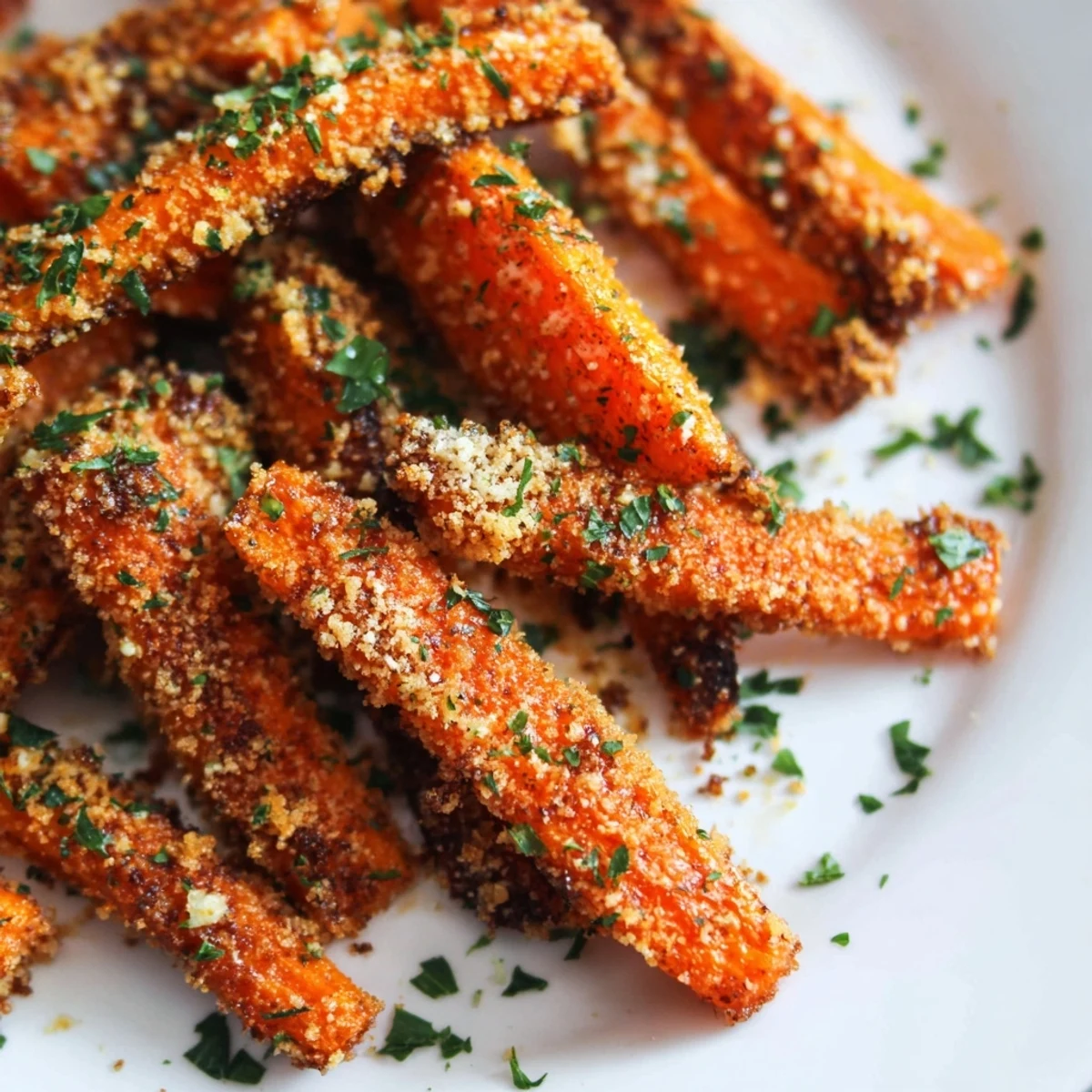 Parmesan roasted carrots arranged on parchment with fresh parsley garnish and crispy texture