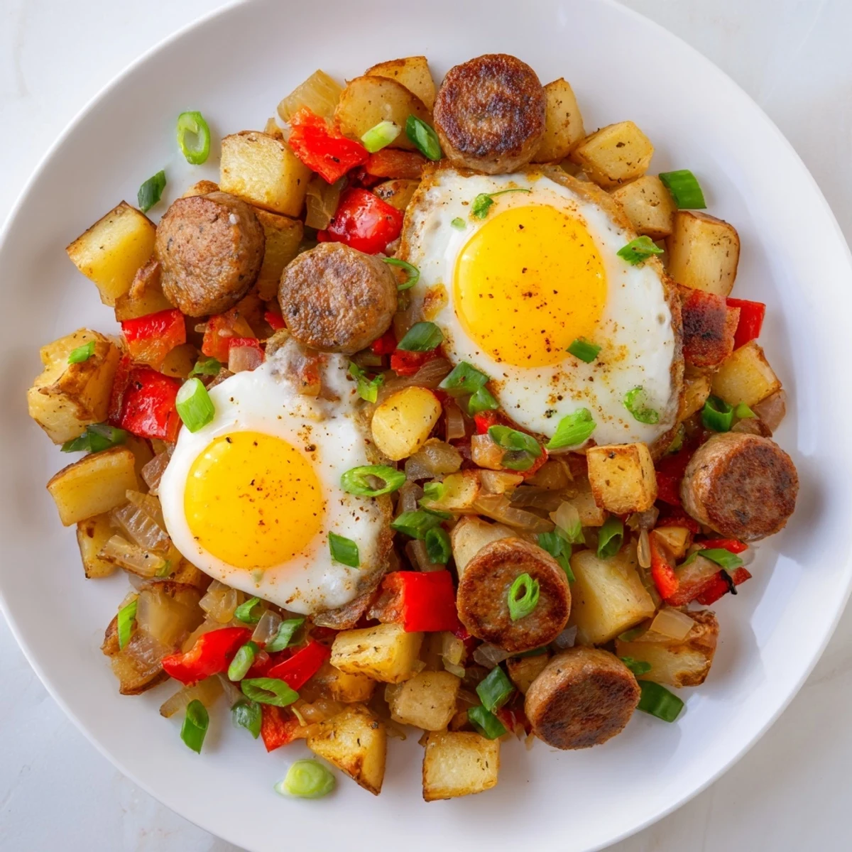 Golden Cajun beef sausage breakfast hash with crispy potatoes and sunny-side up eggs in a cast iron skillet