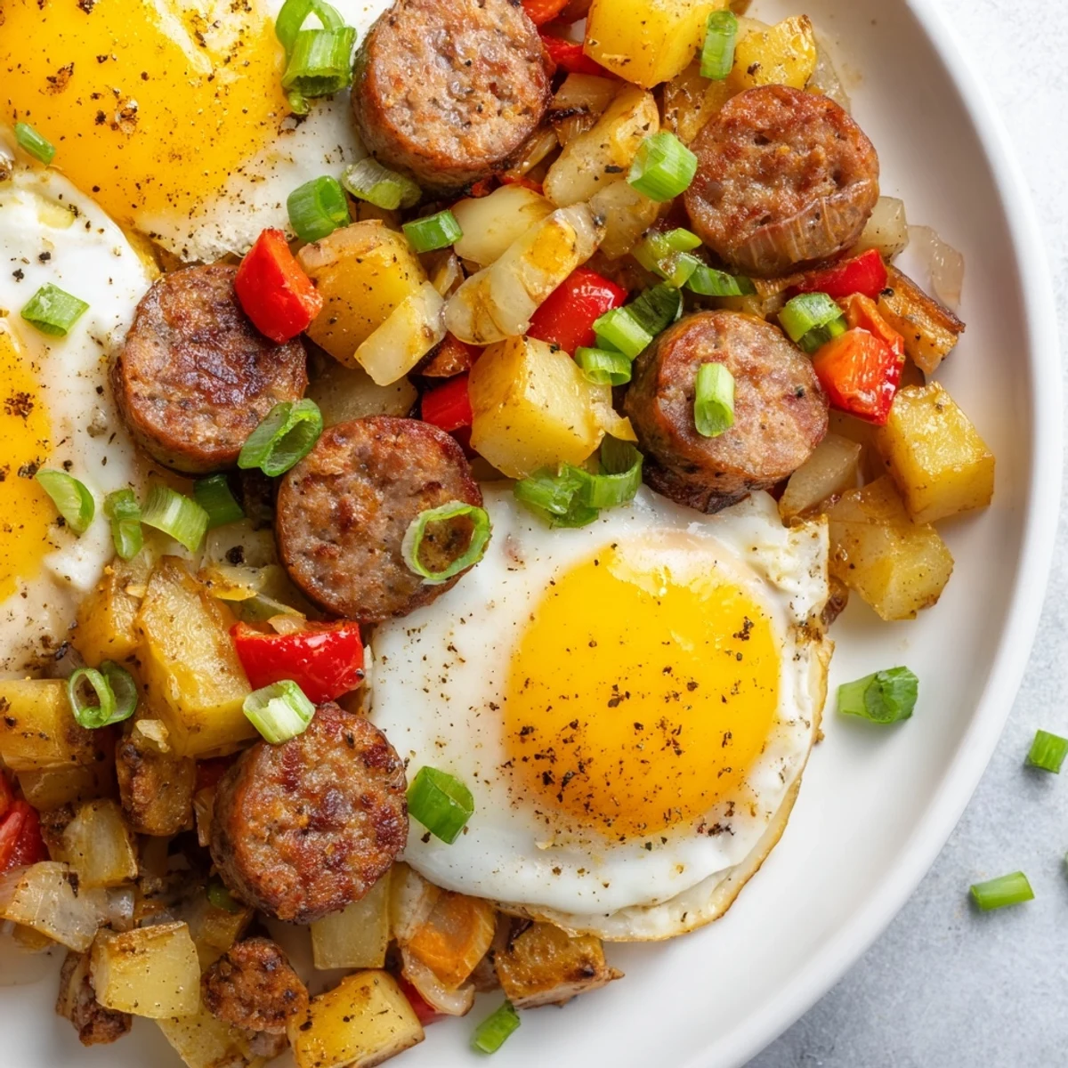 Hearty southern breakfast skillet featuring spicy Cajun beef sausage, diced potatoes, peppers, and perfectly cooked eggs