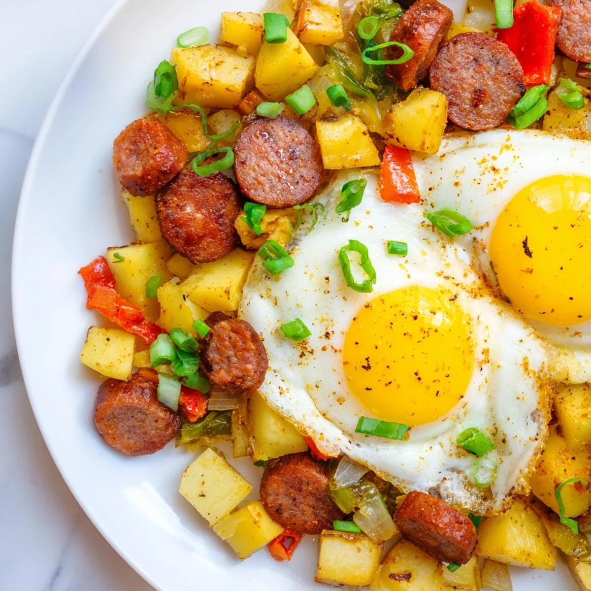 Crispy potato and beef sausage hash topped with runny eggs and garnished with fresh green onions