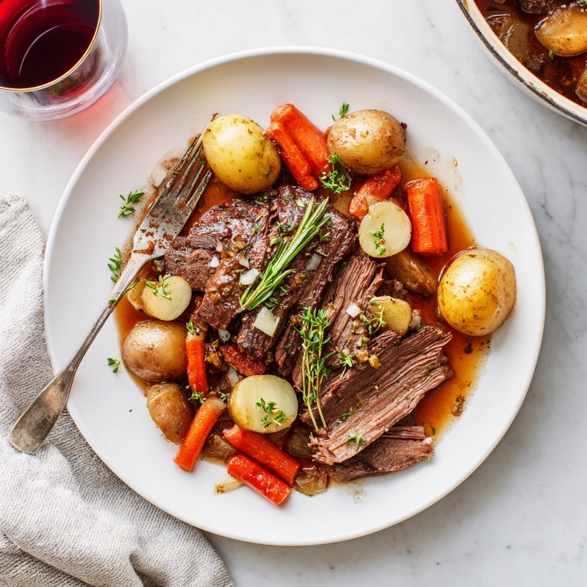 Herb braised beef chuck roast served with tender vegetables and rich braising sauce