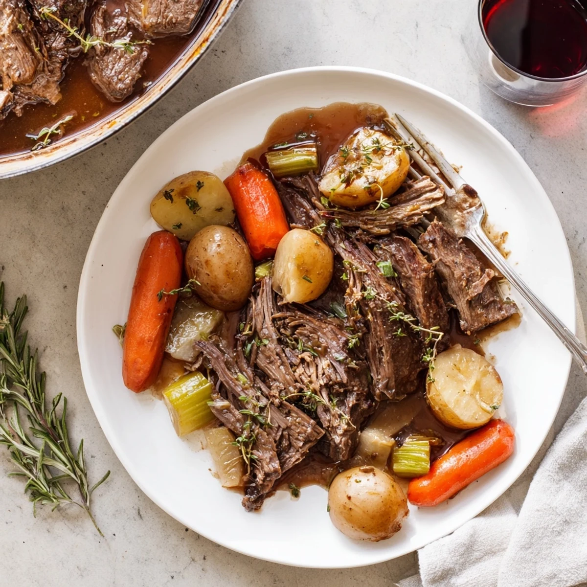 Savory herb braised beef chuck roast plated with carrots onions and potatoes alongside