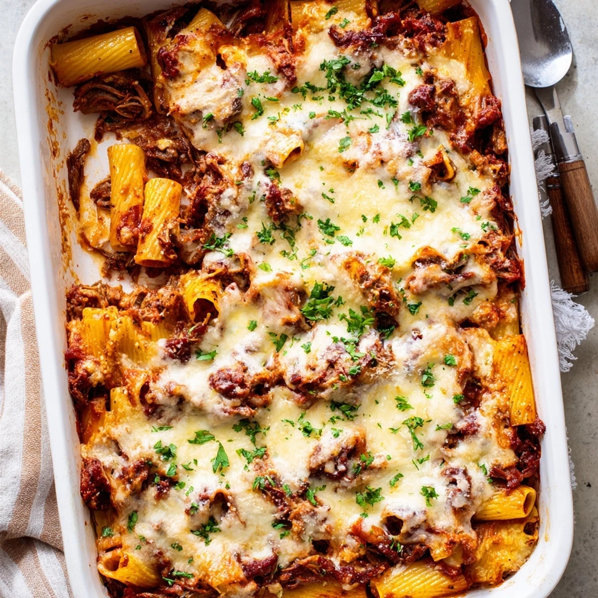Golden cheesy chuck roast pasta bake with rich tomato sauce bubbling in serving dish